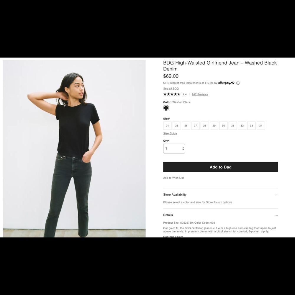 BDG high waisted girlfriend jean, washed black, 27